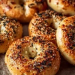 Freshly baked Greek yogurt bagels on a wooden surface