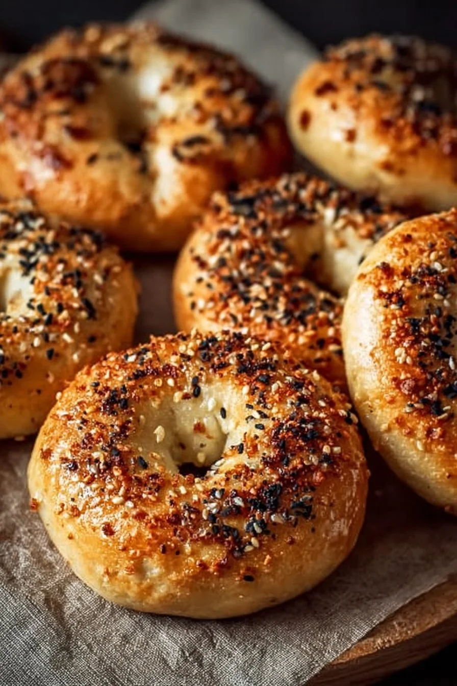 Freshly baked Greek yogurt bagels on a wooden surface