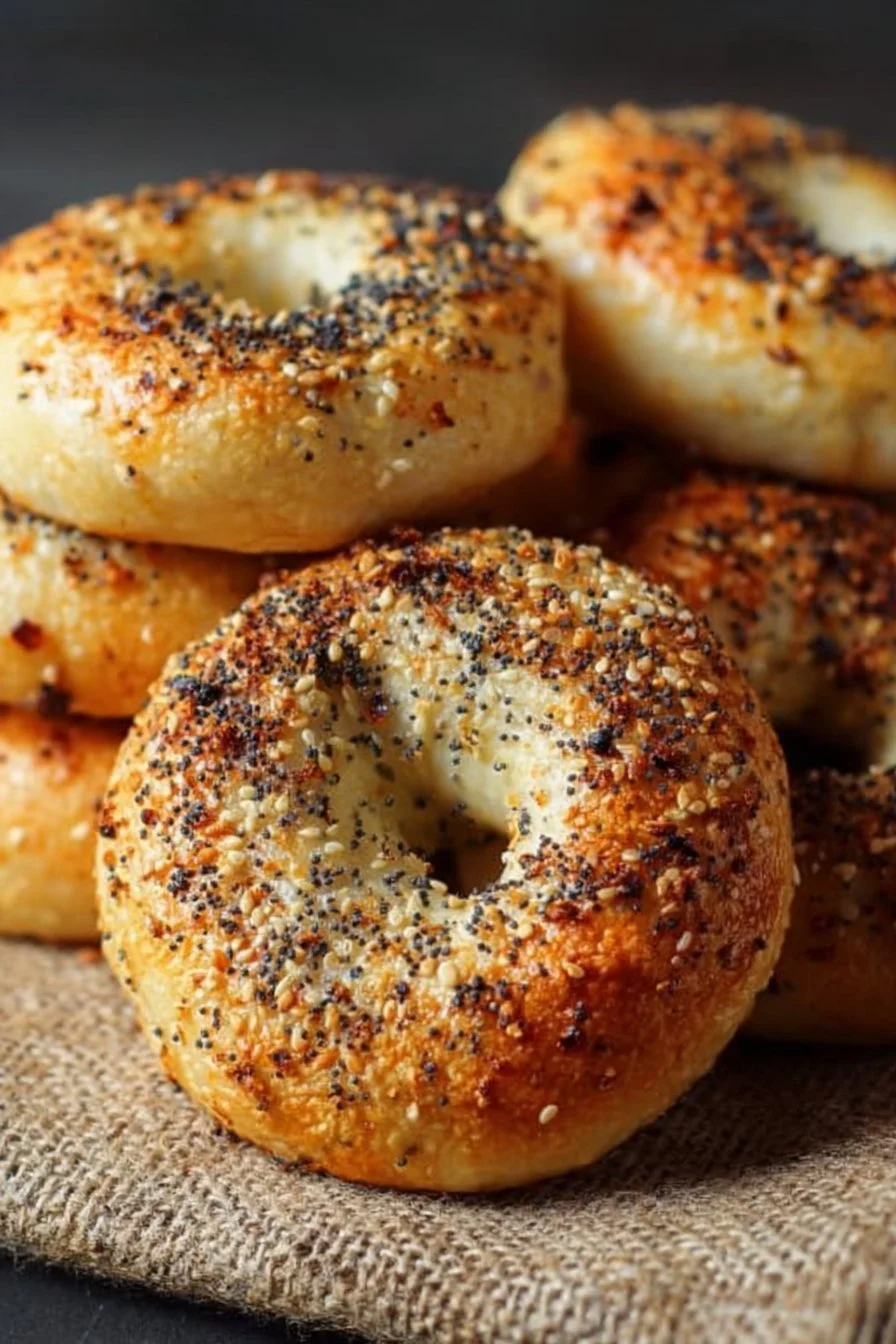 Freshly baked Greek yogurt bagels on a wooden board