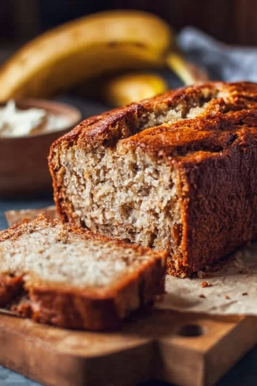 Slice of moist Greek yogurt banana bread on a rustic wooden table