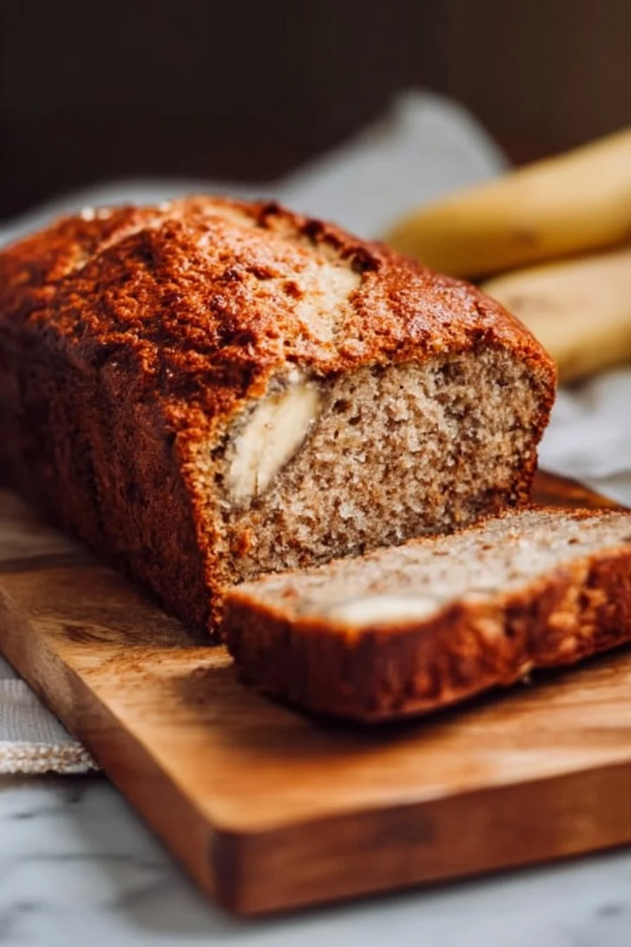 Greek Yogurt Banana Bread 3 Slice of Greek Yogurt Banana Bread on a wooden cutting board.