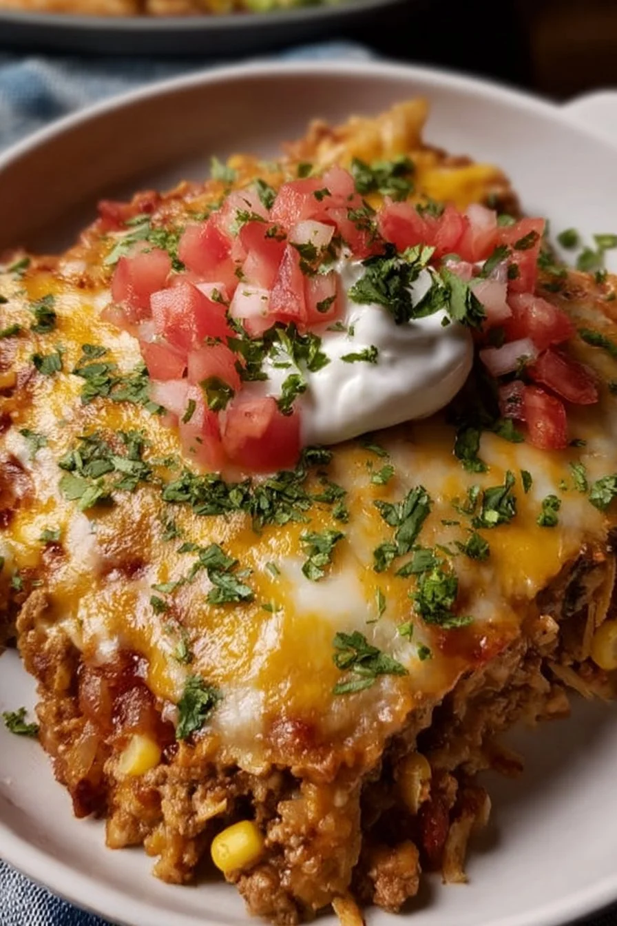 Ground Chicken Taco Casserole 3 Ground Chicken Taco Casserole with cheese and toppings