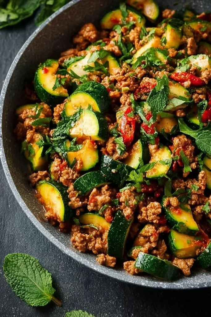 Ground Turkey Zucchini Skillet served in a pan with fresh herbs