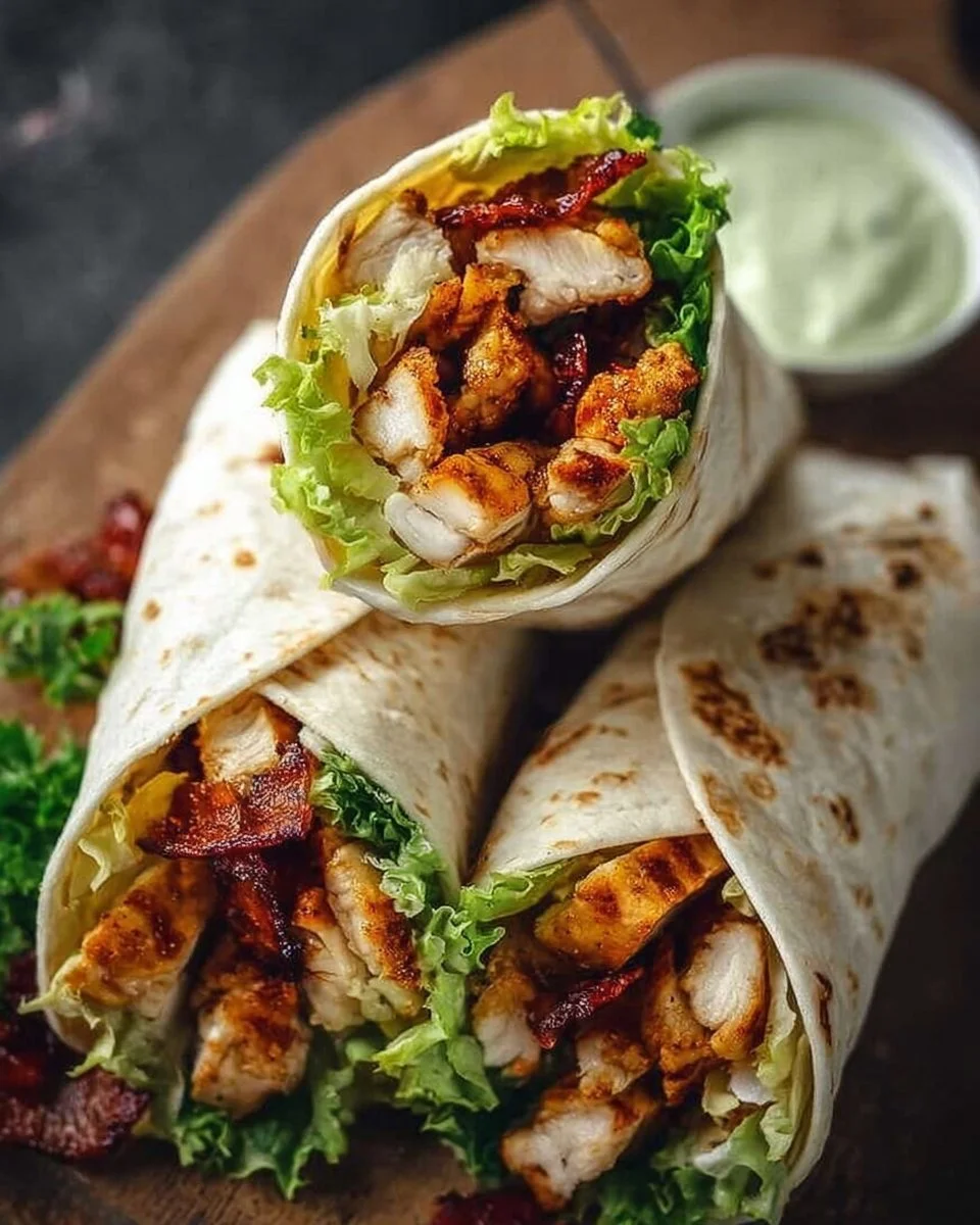 Healthy air fryer chicken wraps with fresh vegetables and seasoning