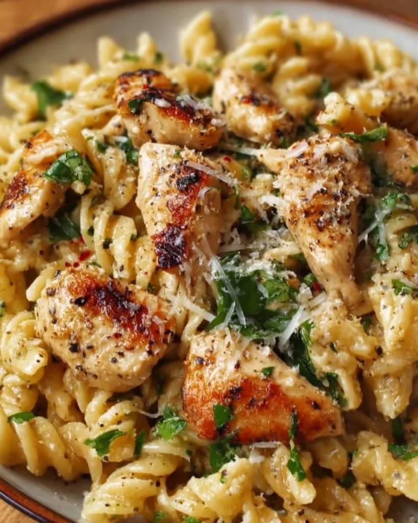 Bowl of healthy garlic parmesan chicken pasta topped with fresh herbs.