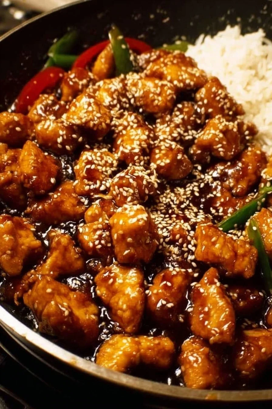 A delicious plate of healthy sesame chicken garnished with sesame seeds and vegetables.