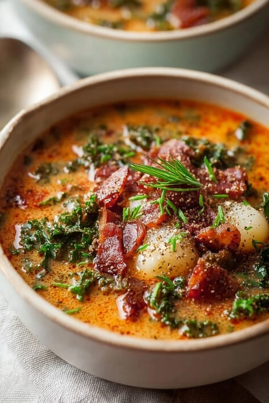 Bowl of hearty keto soup with vegetables and meat, ideal for low-carb diets.