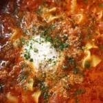 Bowl of hearty lasagna soup topped with cheese and fresh herbs