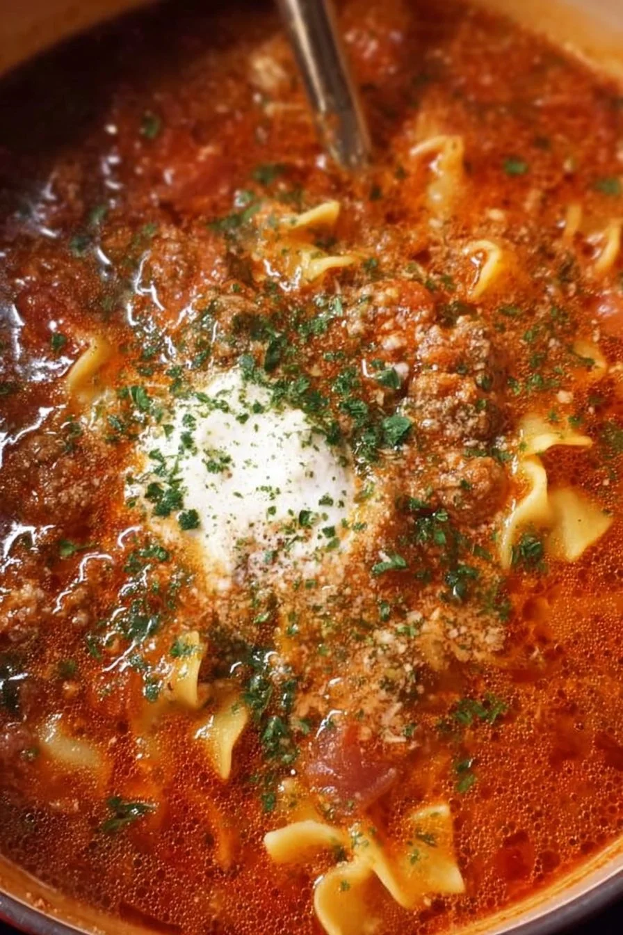 Hearty Lasagna Soup 2 Bowl of hearty lasagna soup topped with cheese and fresh herbs