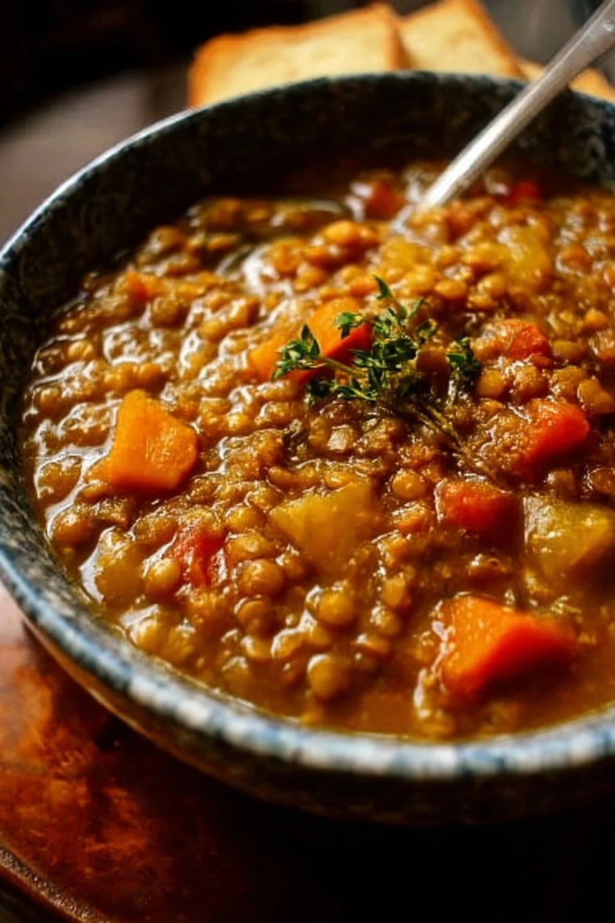 Hearty Lentil Stew 3 A bowl of hearty lentil stew filled with vegetables and spices.