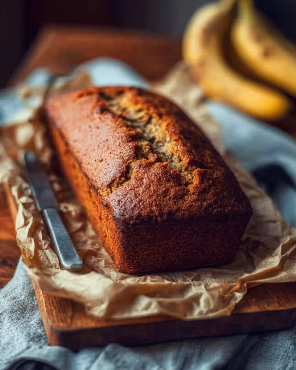 Freshly baked high protein banana bread sliced on a wooden board