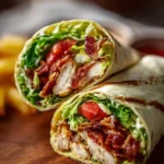 High Protein Chicken BLT Wrap topped with lettuce, tomato, and bacon