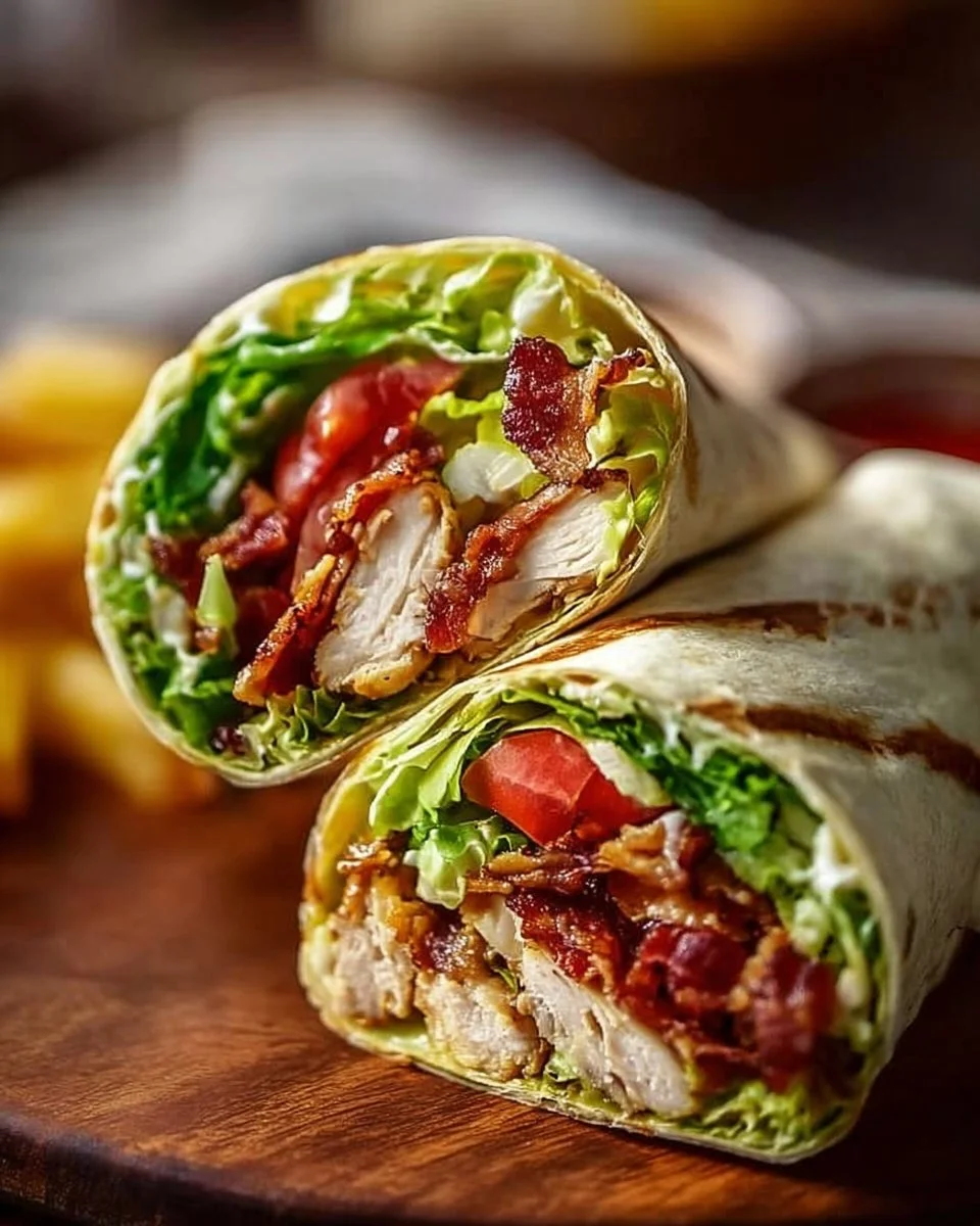 High Protein Chicken BLT Wrap topped with lettuce, tomato, and bacon