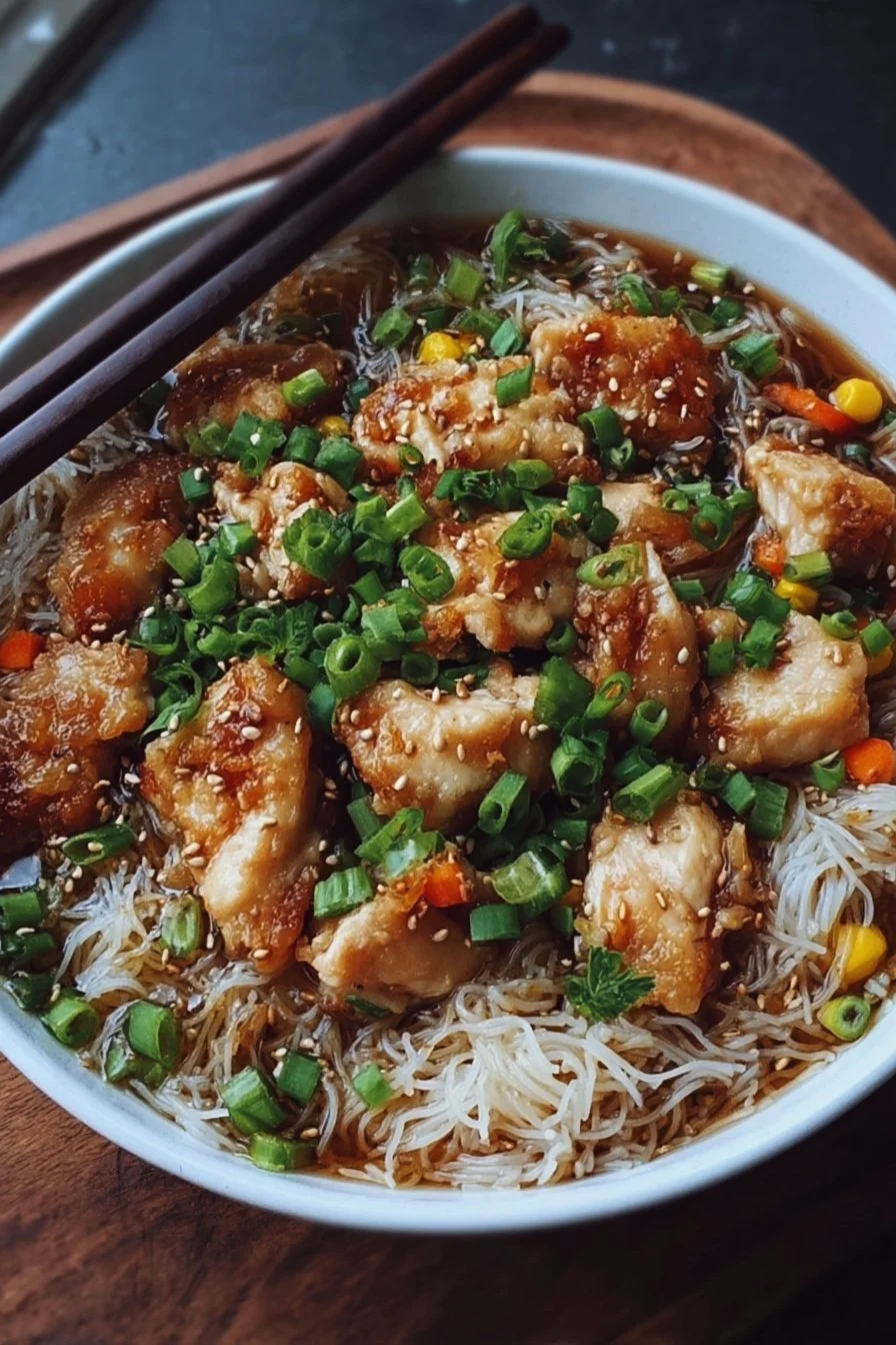 High-Protein Chicken Vermicelli Noodles 3 Bowl of high-protein chicken vermicelli noodles garnished with herbs.