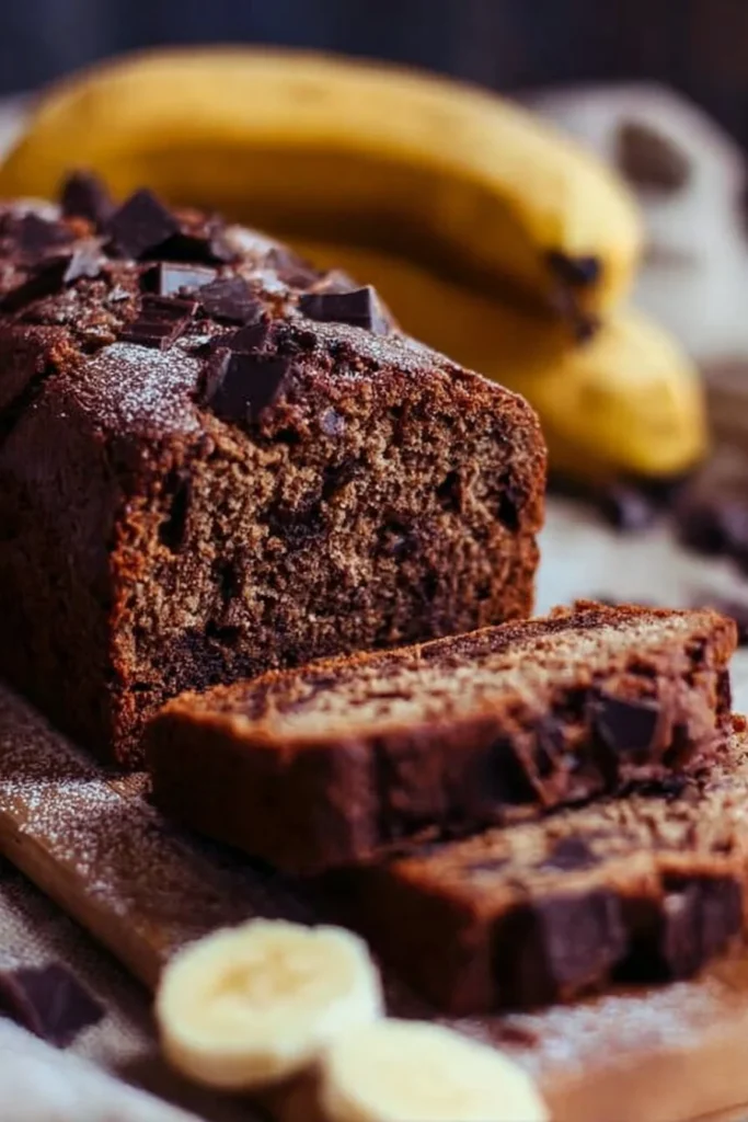 Slice of high protein chocolate banana bread topped with chocolate chips.