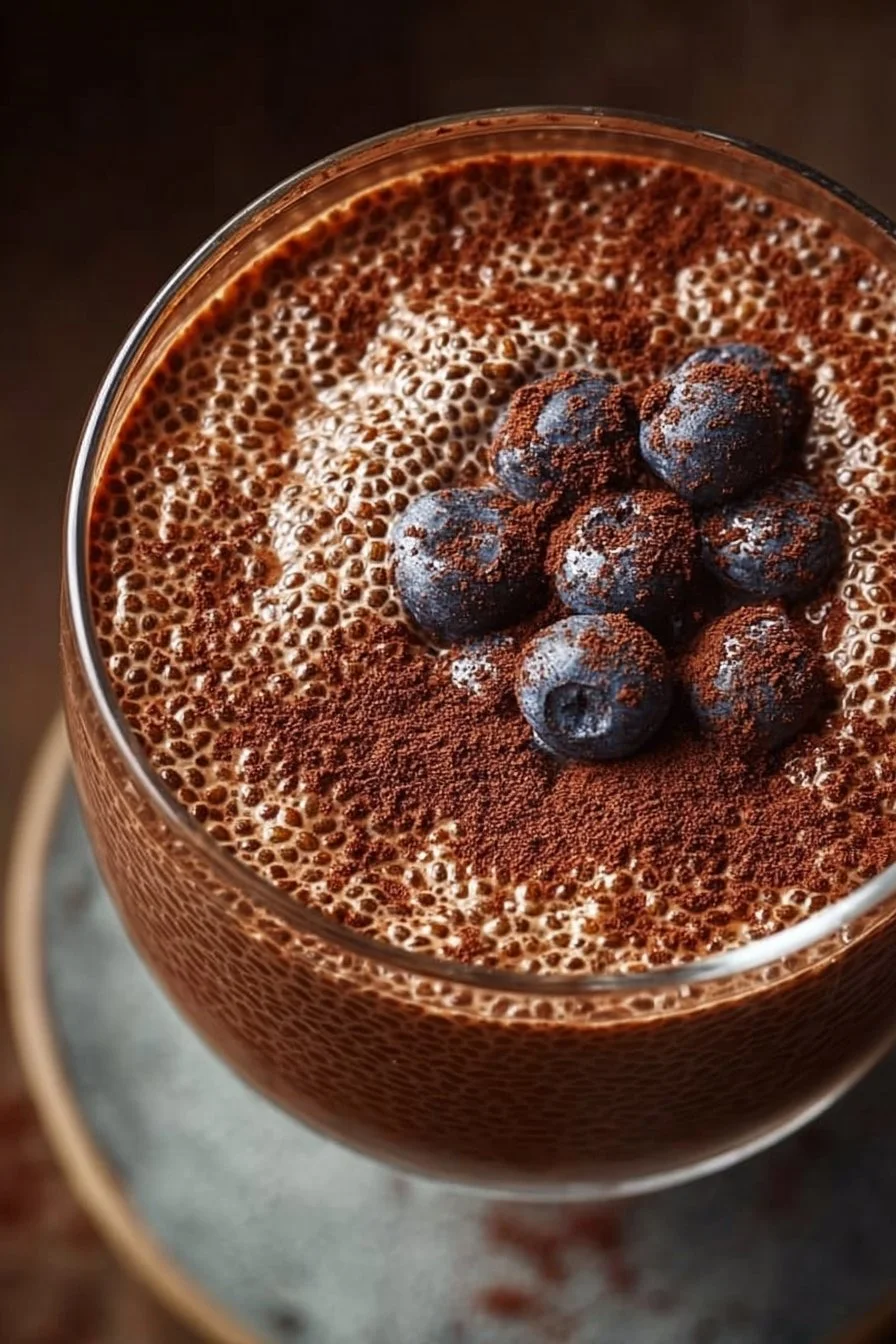 High protein chocolate chia pudding in a bowl topped with berries and nuts.