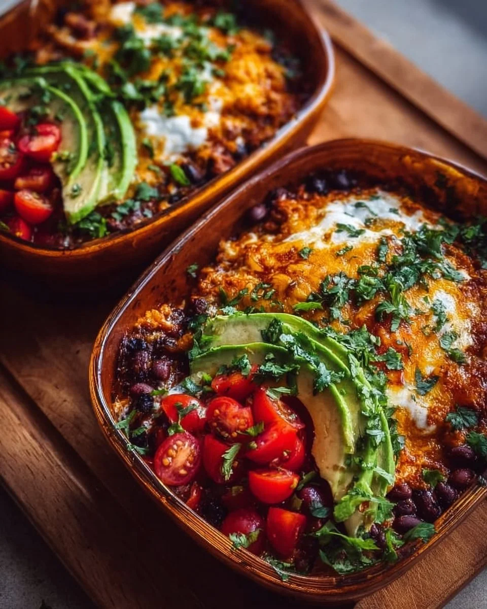 High-protein cottage cheese enchilada bowls garnished with fresh herbs