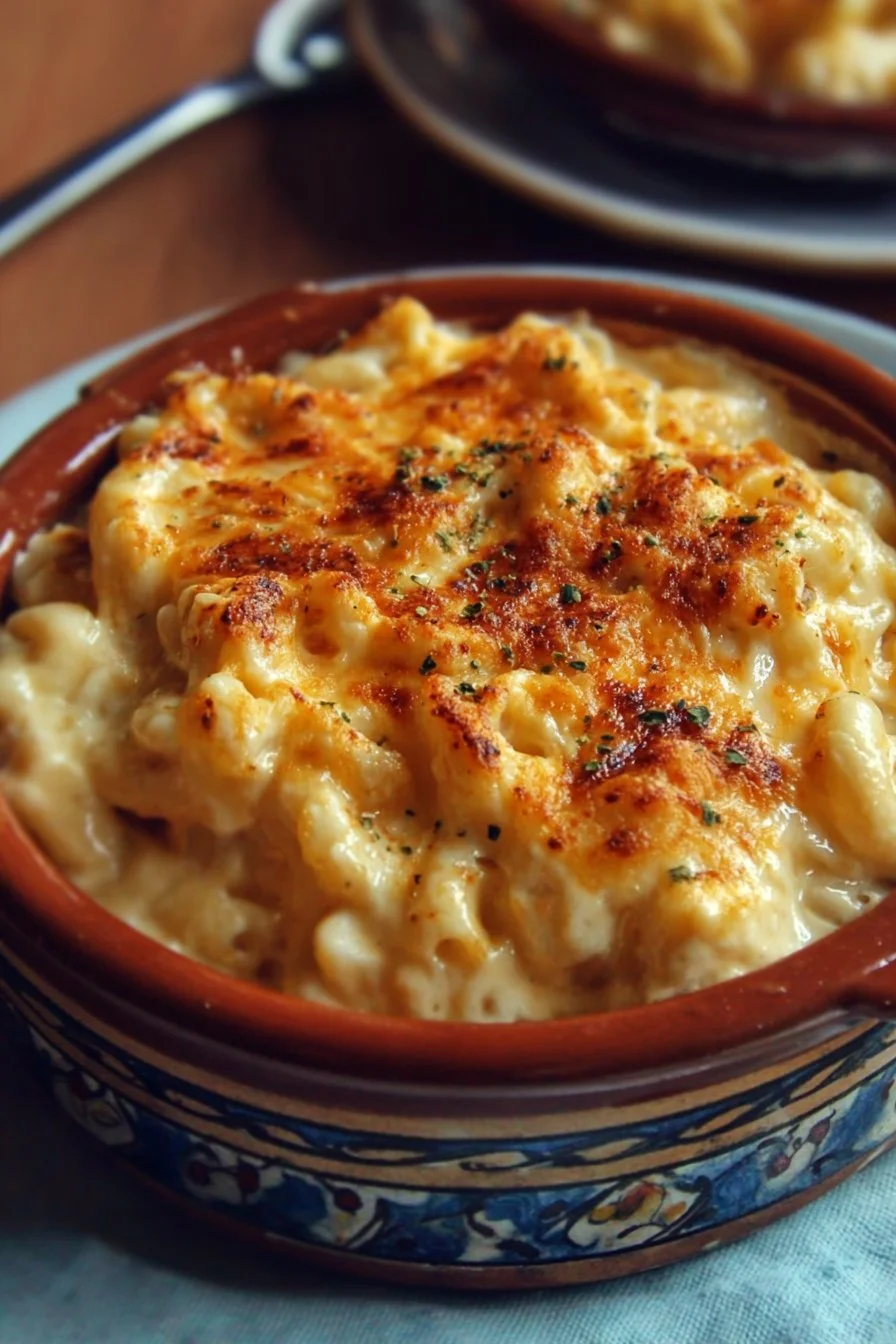 High protein cottage cheese mac and cheese dish topped with herbs