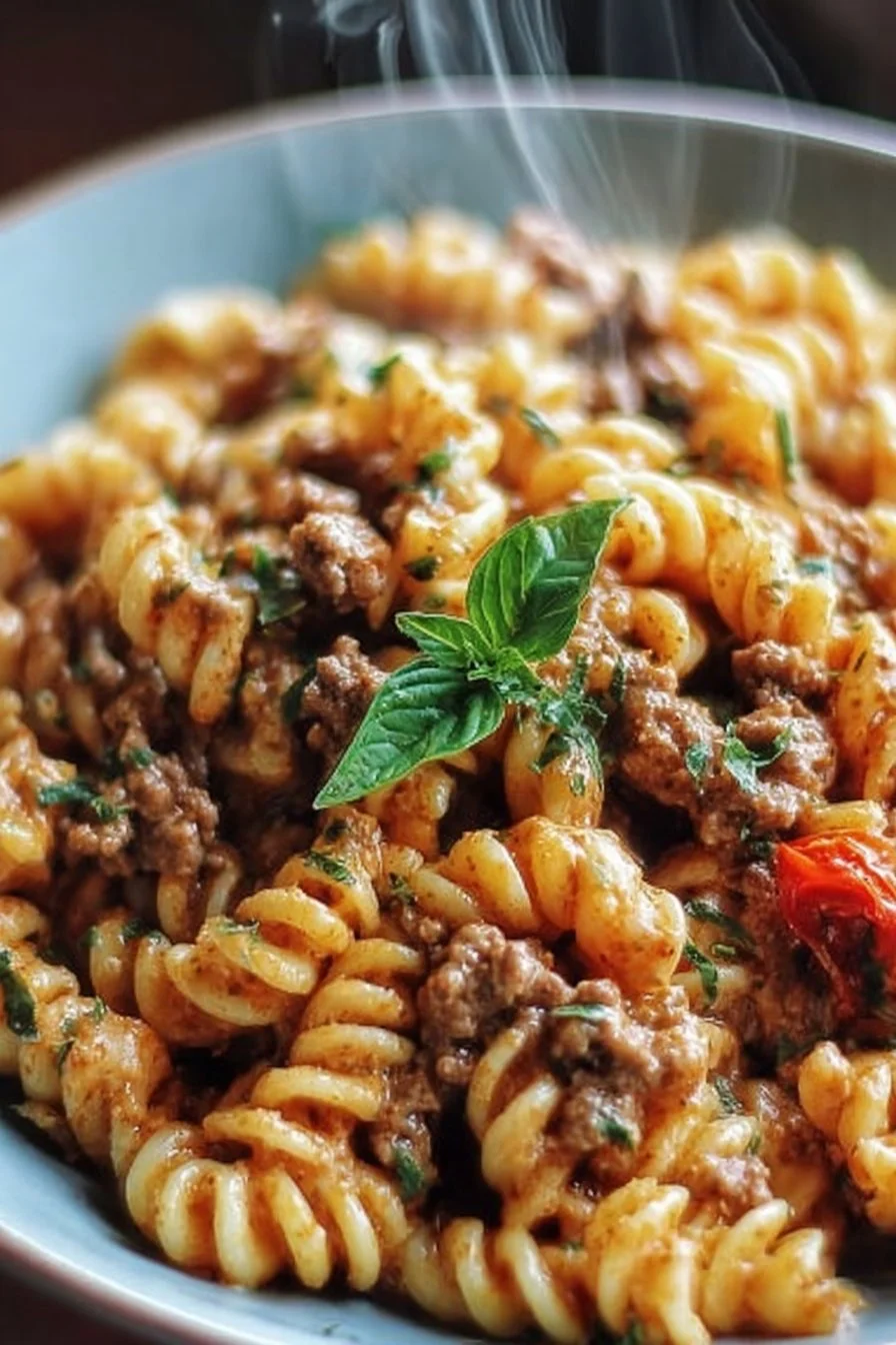Creamy beef pasta dish garnished with herbs and served on a plate
