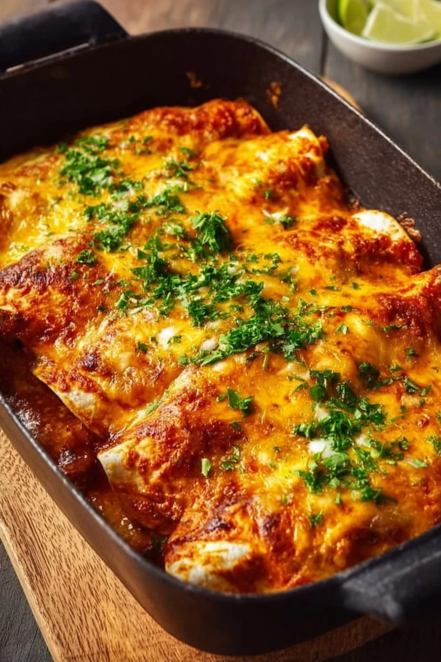 High Protein Creamy Chilli Chicken Enchiladas 2 High protein creamy chilli chicken enchiladas topped with fresh herbs and sauce.