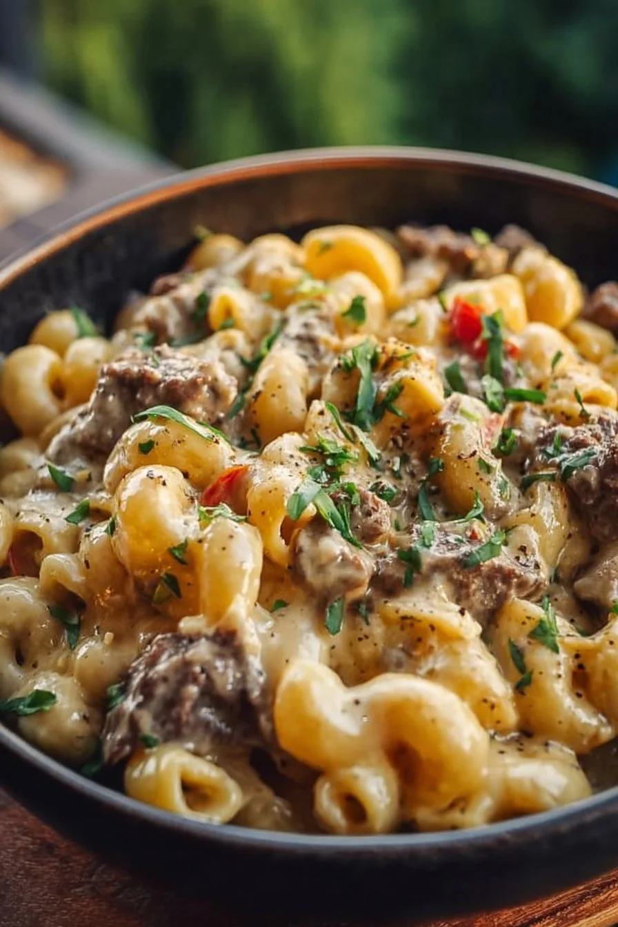 High-Protein Creamy Philly Cheesesteak Mac & Cheese dish served in a bowl.