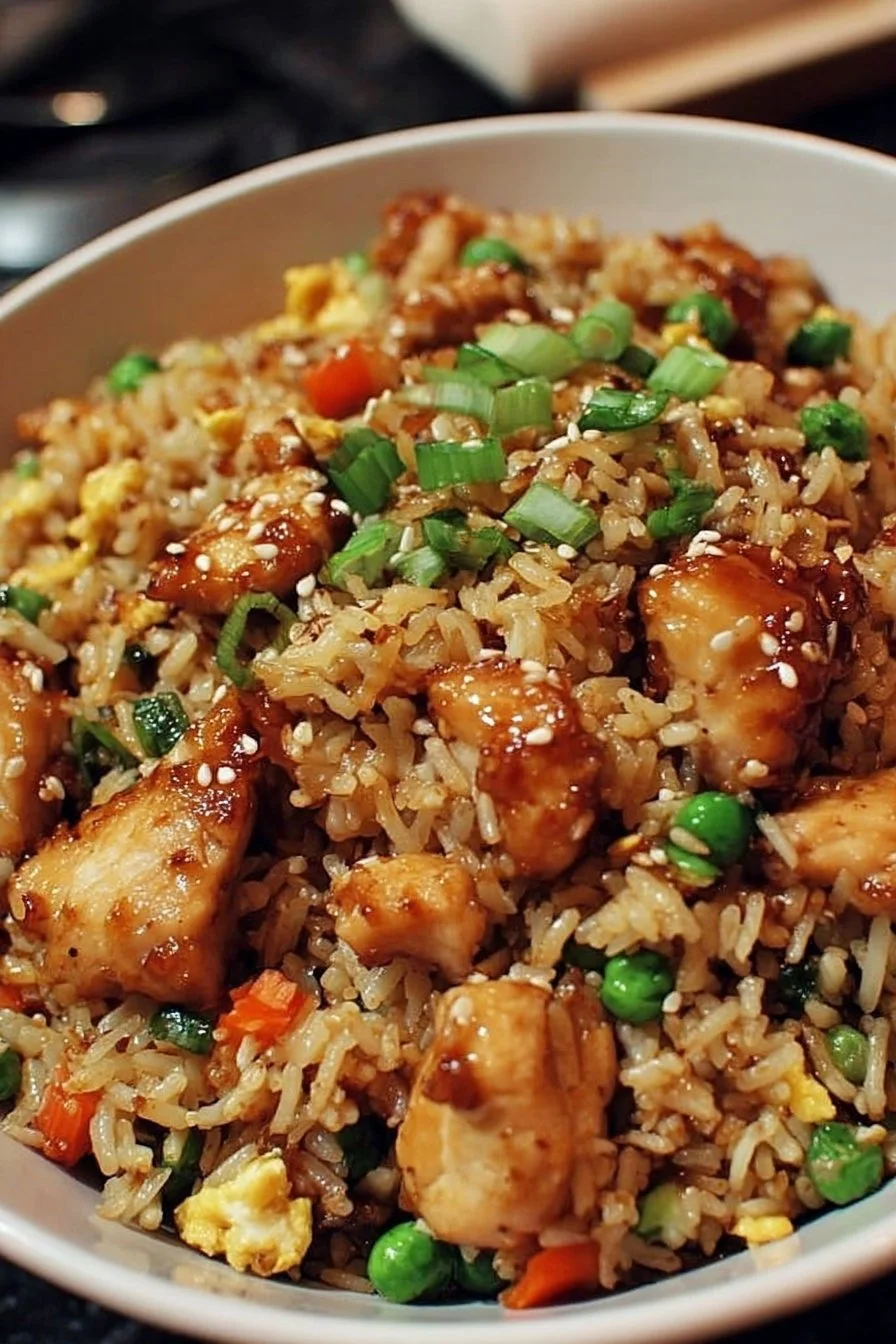 High Protein Crispy Garlic Chicken Fried Rice 2 High protein crispy garlic chicken fried rice dish with fresh herbs and vegetables.