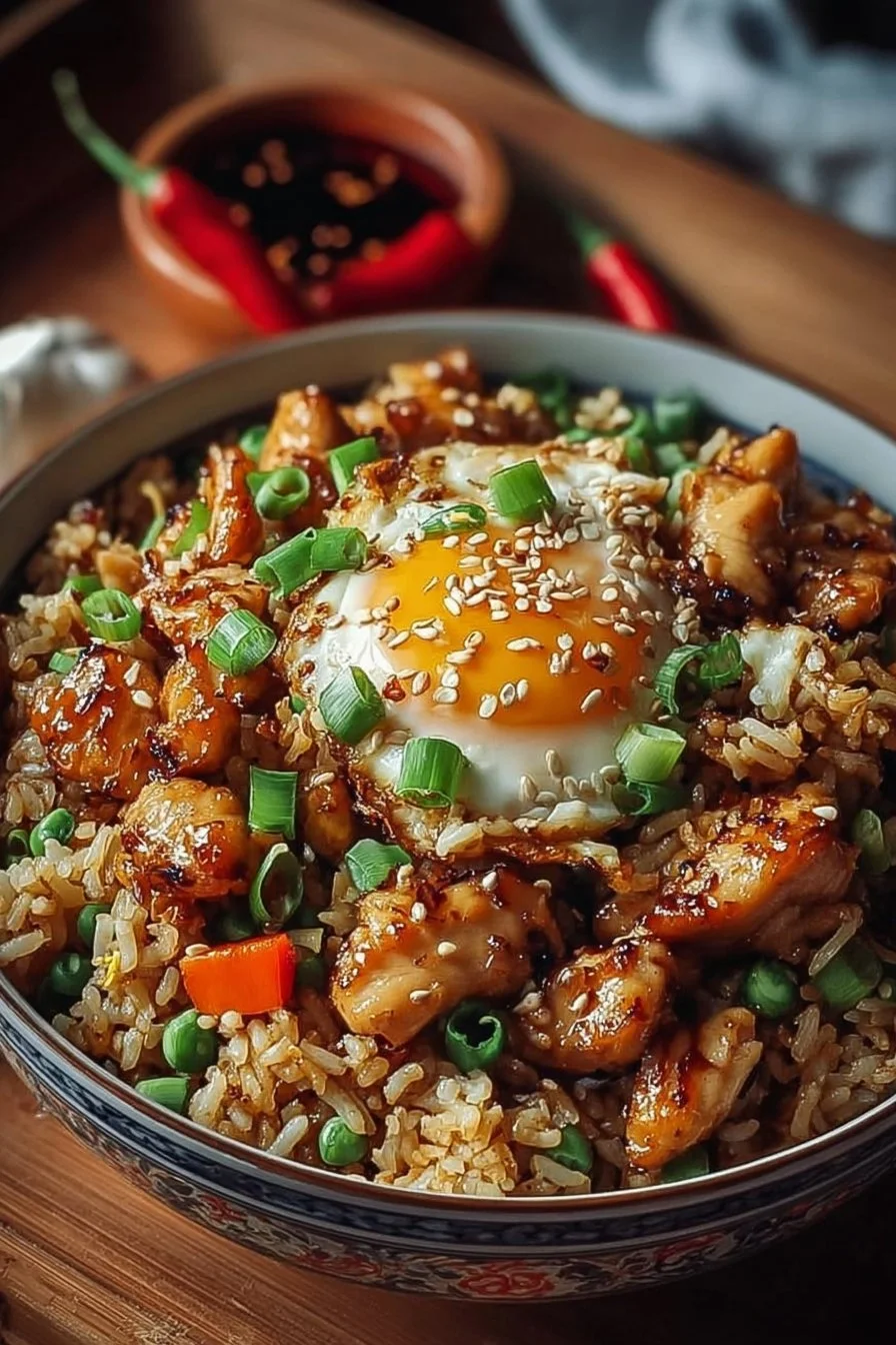 High protein crispy garlic chicken fried rice garnished with green onions.