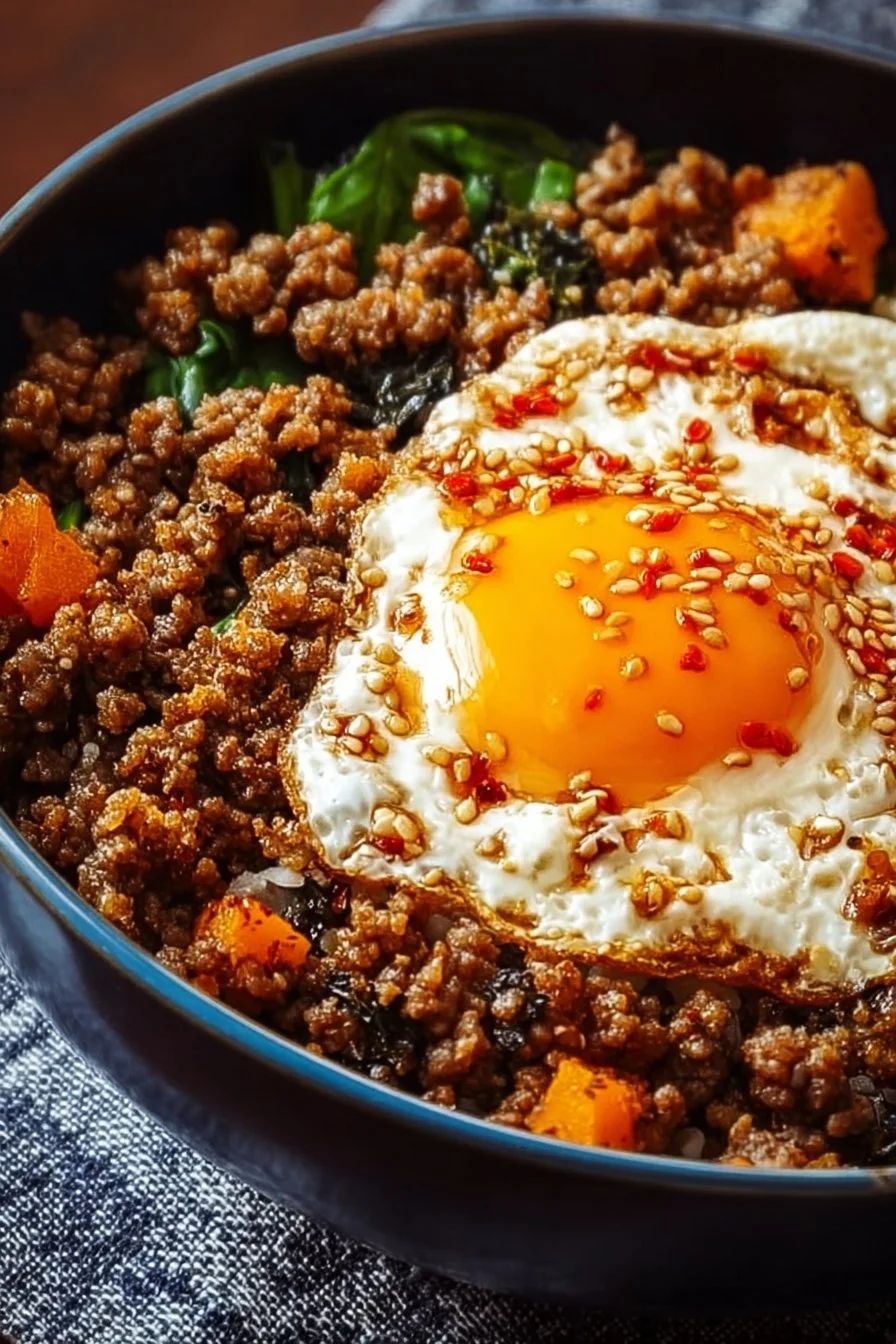 High Protein Ground Beef Hot Honey Bowl 3 High Protein Ground Beef Hot Honey Bowl topped with spicy honey and vegetables