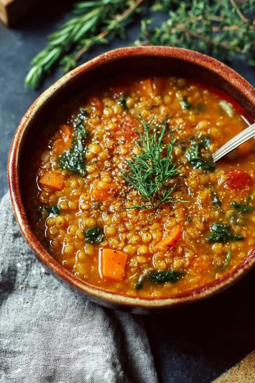 High-Protein Lentil Soup 2 Bowl of high-protein lentil soup garnished with herbs and spices