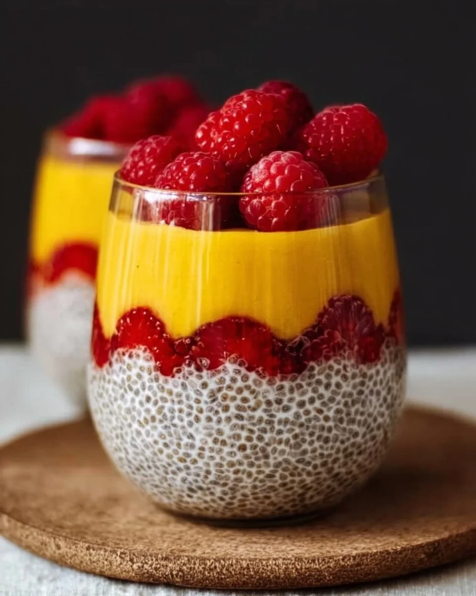 High protein mango raspberry chia seed pudding with fresh ingredients