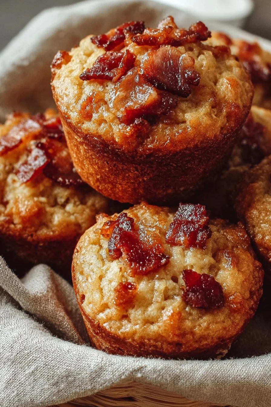 High protein maple bacon pancake muffins served on a plate.