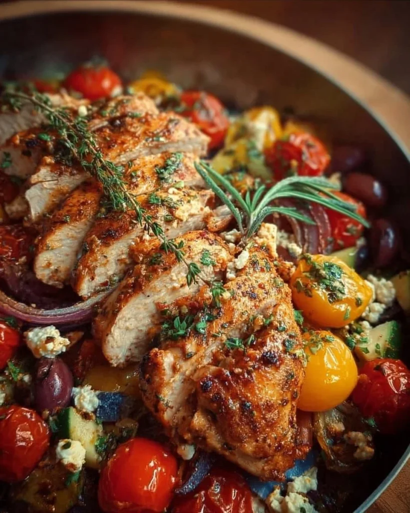 High protein Mediterranean chicken dish with vibrant vegetables and spices