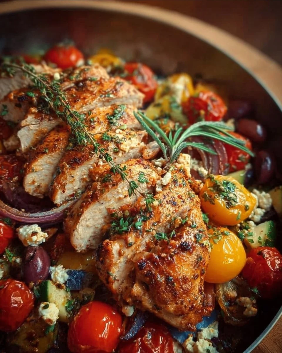 High protein Mediterranean chicken dish with vibrant vegetables and spices