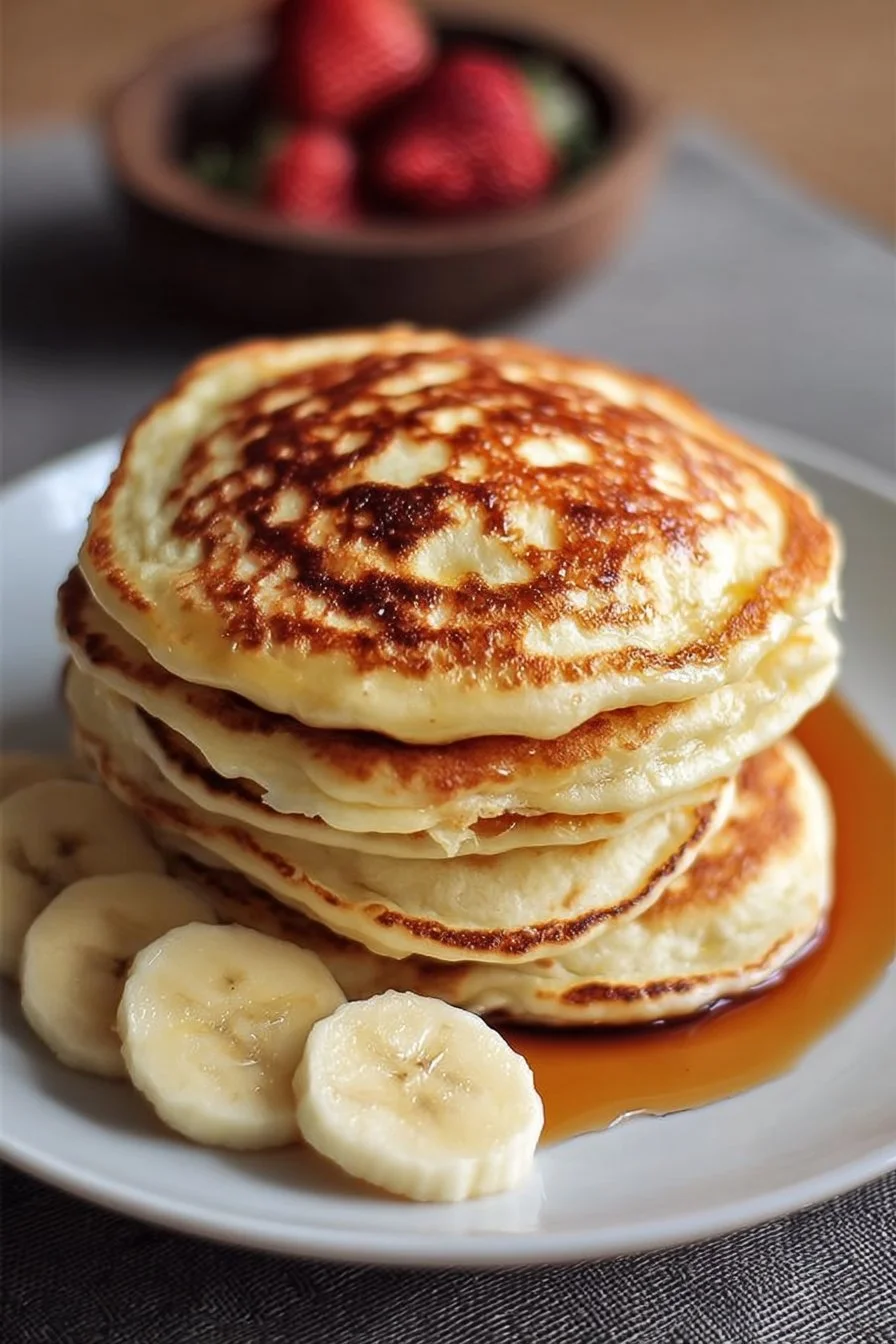 High-Protein Pancakes 3 A stack of high-protein pancakes topped with berries and syrup.