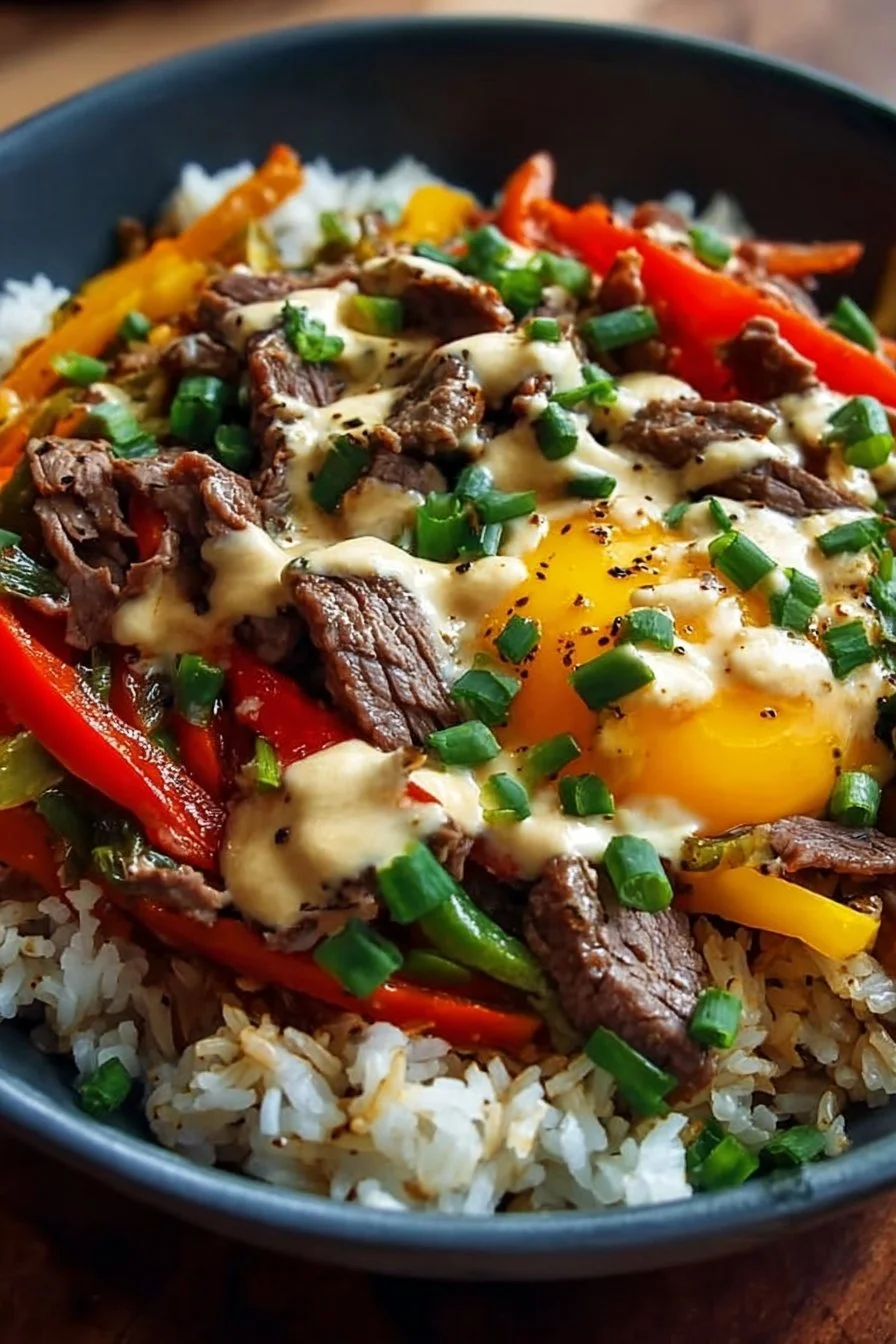 High Protein Philly Cheesesteak Rice Bowls 3 High protein Philly cheesesteak rice bowls with flavorful ingredients