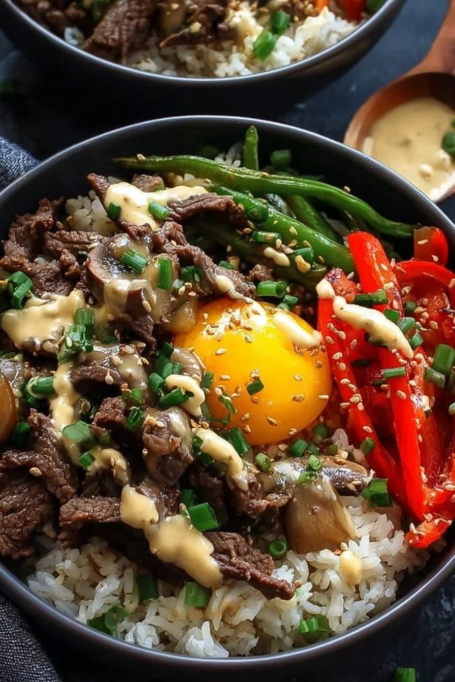 High Protein Philly Cheesesteak Rice Bowls 3 High protein Philly cheesesteak rice bowl with beef and vegetables