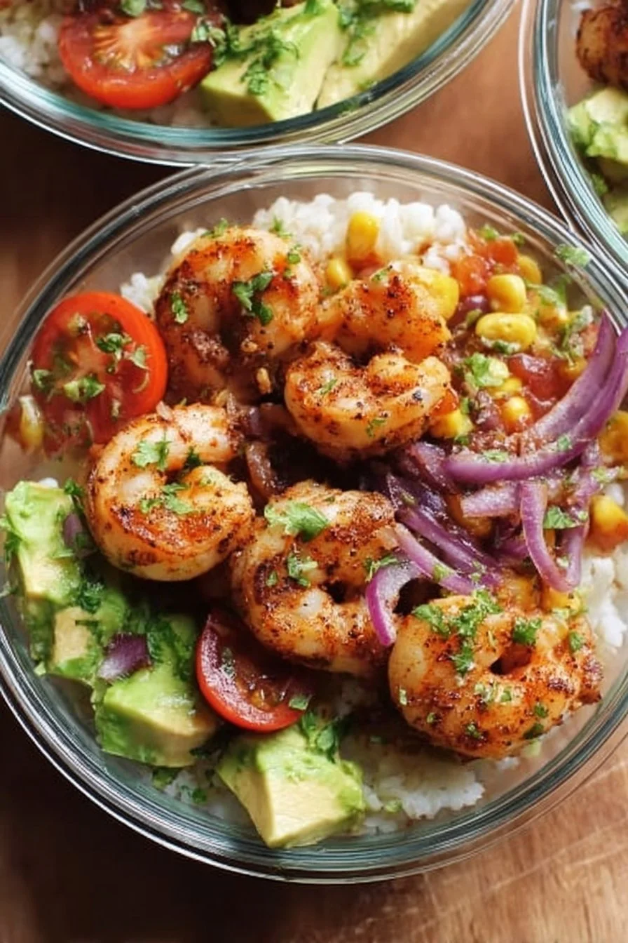 High protein shrimp taco rice bowl with fresh ingredients