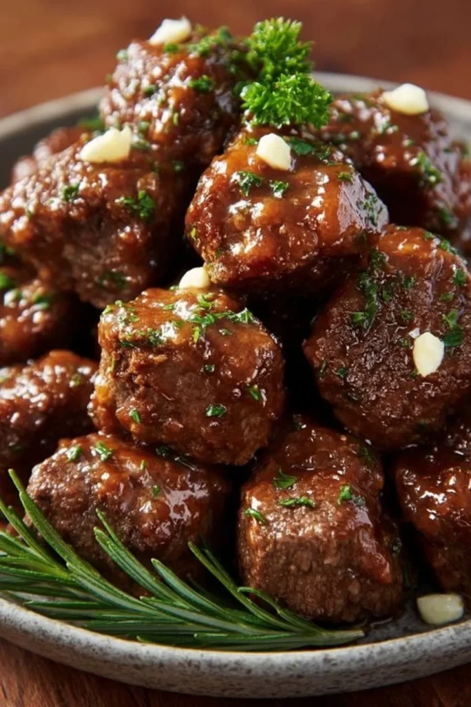High-protein slow cooker garlic butter beef bites served in a bowl