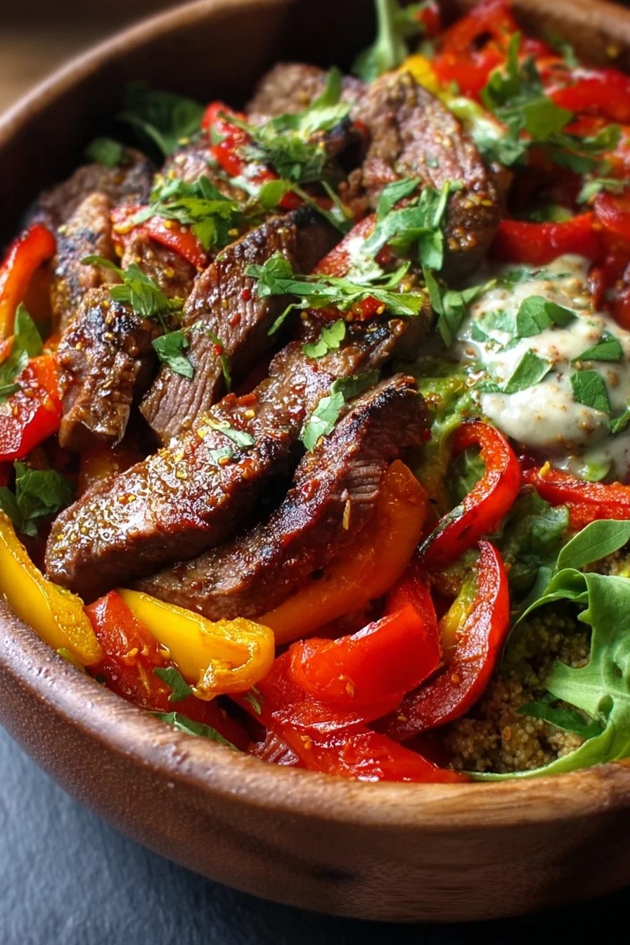 High-protein steak fajita bowl with vibrant vegetables and toppings