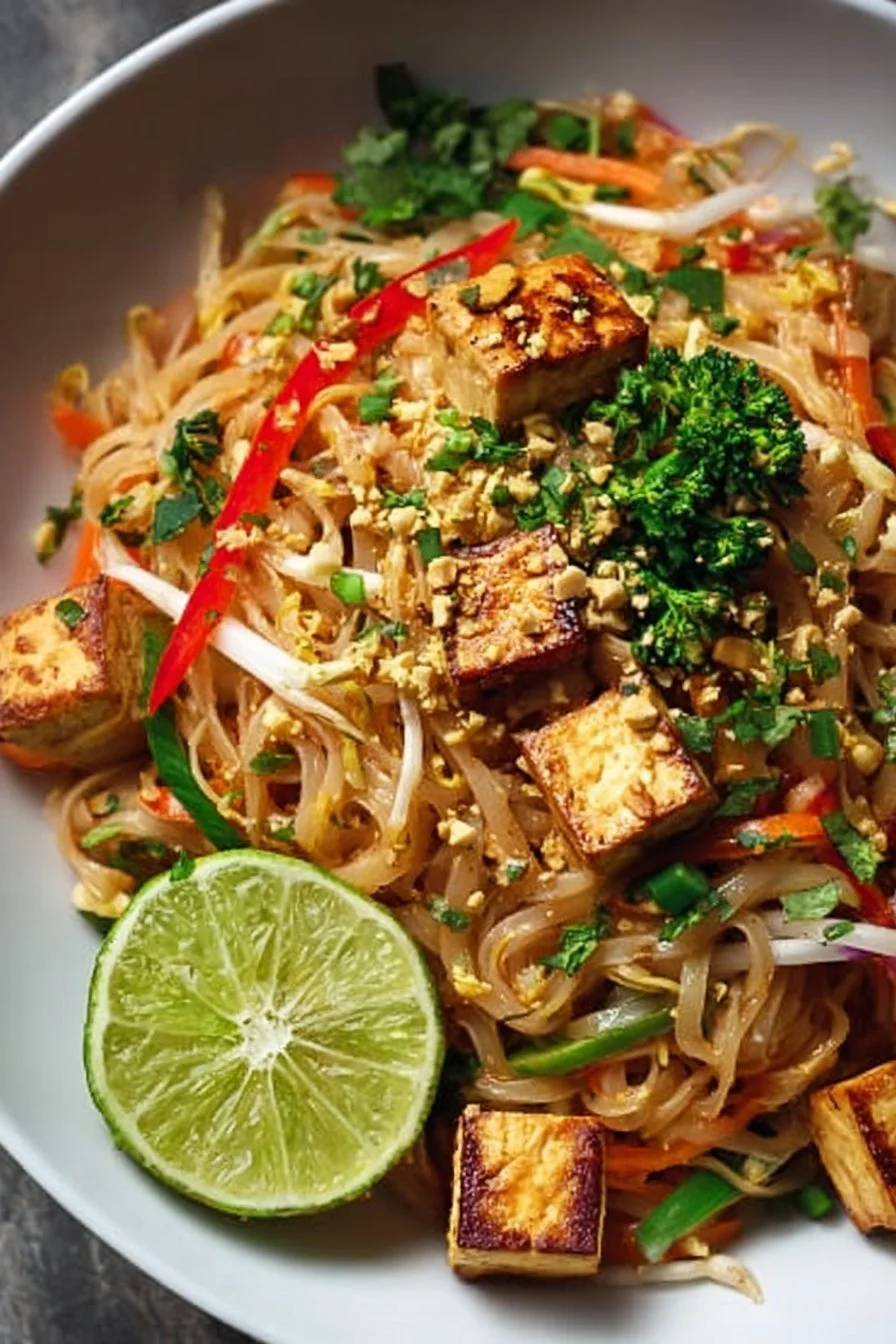 High Protein Tofu Pad Thai 3 High Protein Tofu Pad Thai dish with colorful vegetables and peanuts
