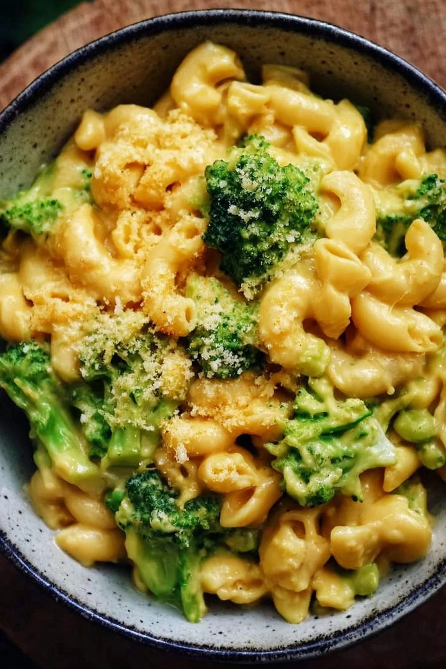 High protein vegan broccoli mac and cheese dish served in a bowl