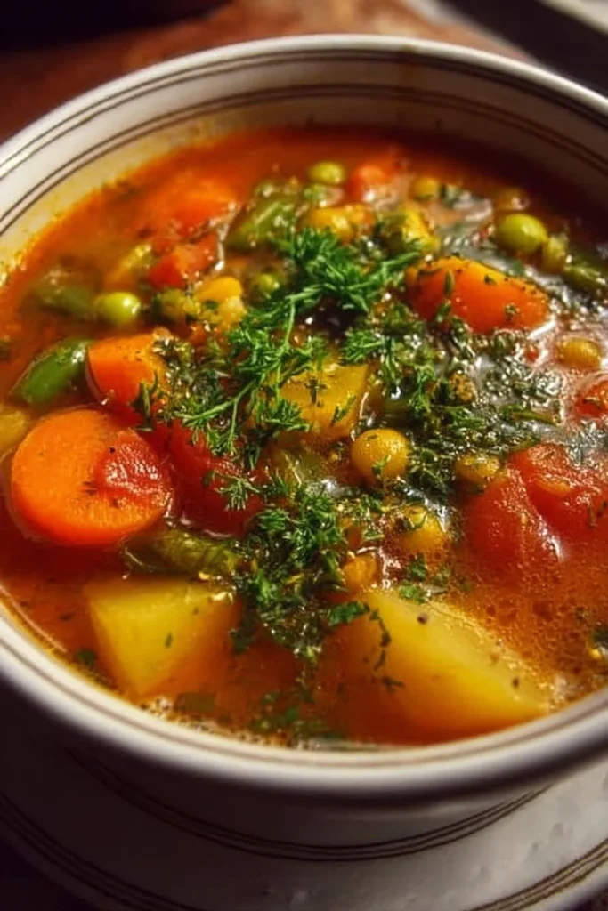 High-protein vegetable soup in a bowl garnished with fresh herbs