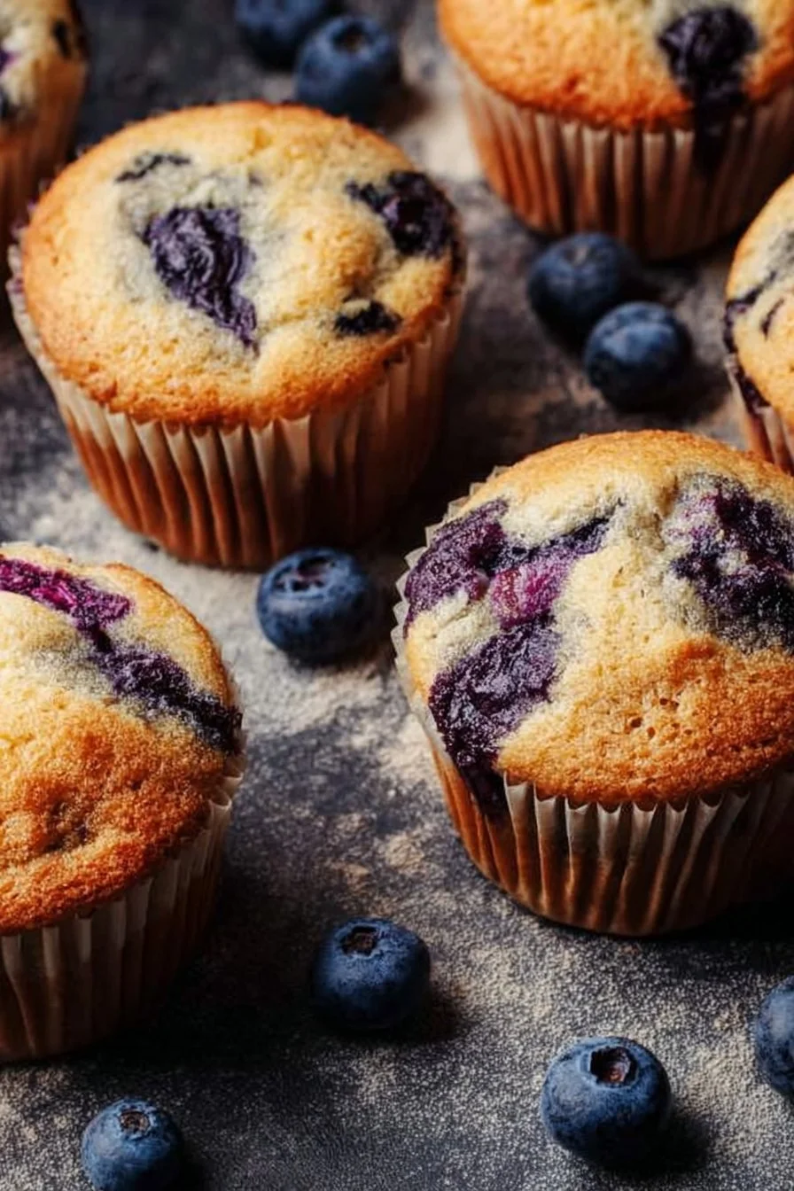 Delicious homemade blueberry protein muffins on a rustic wooden table