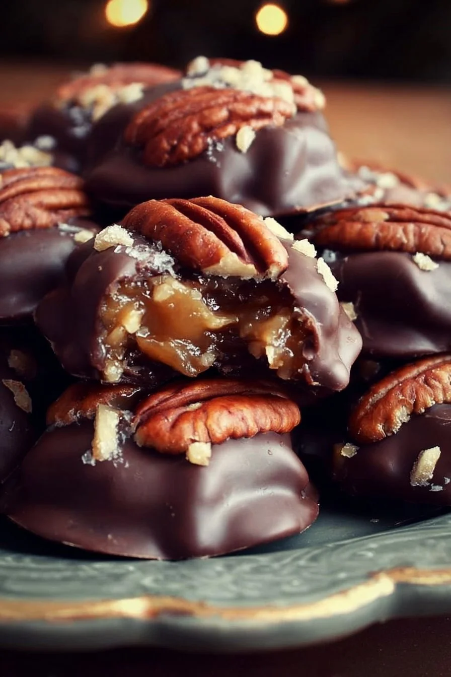 Homemade Pecan Turtles 2 Homemade pecan turtles with caramel, chocolate, and pecans