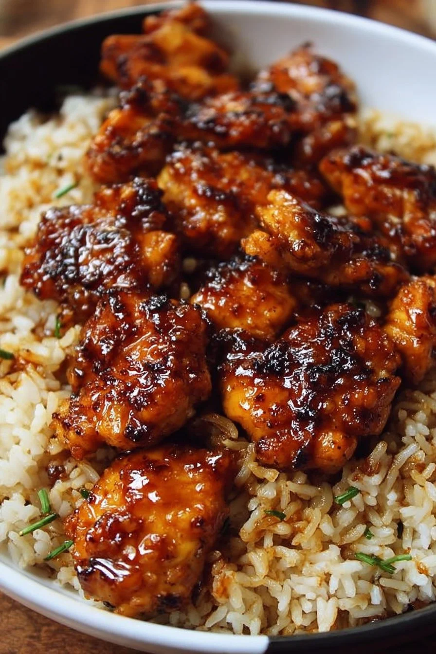 Honey BBQ Chicken and Rice 3 Plate of Honey BBQ Chicken served with fluffy rice and garnished with herbs.