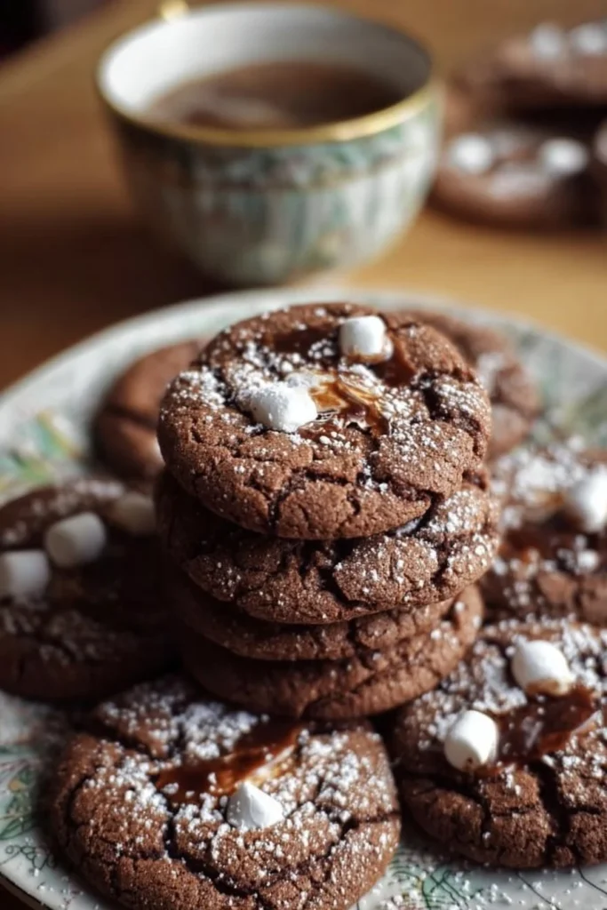 Freshly baked hot chocolate cookies with gooey marshmallows on top