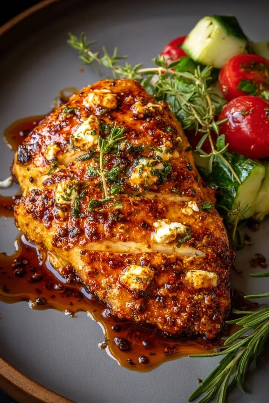 Hot Honey Feta Chicken 3 Hot Honey Feta Chicken garnished with herbs on a plate