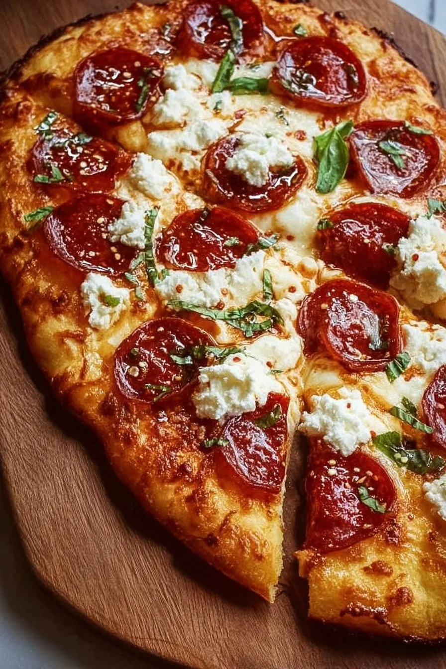 Hot honey pizza with pepperoni and ricotta on flatbread, garnished with herbs.