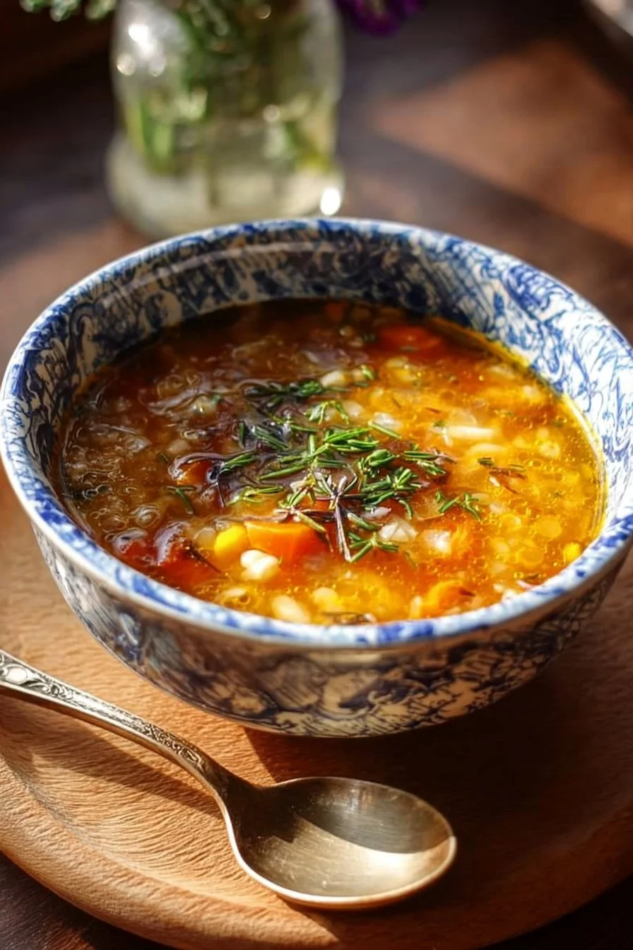 Delicious bowl of Italian Penicillin Soup with fresh herbs and ingredients.