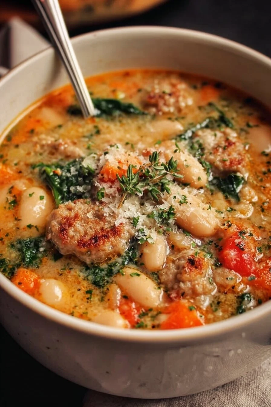 Bowl of Italian sausage and white bean soup garnished with herbs